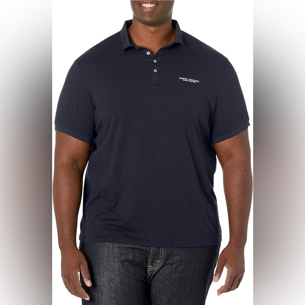 A|X Armani Exchange Men's Short Sleeve Contrast Logo Jersey Polo, Navy, XXL